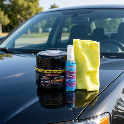 COMBO RESTAURADOR DE PARTES NEGRAS + TOALLA DE MICROFIBRA + AROMATIZANTE CARRO NUEVO